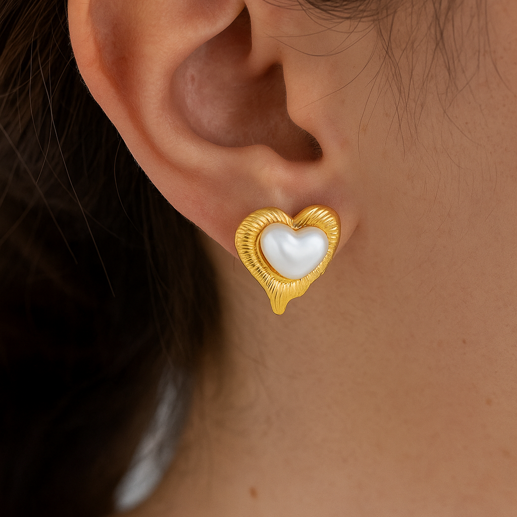 Melted Heart Pearl Stud Earrings