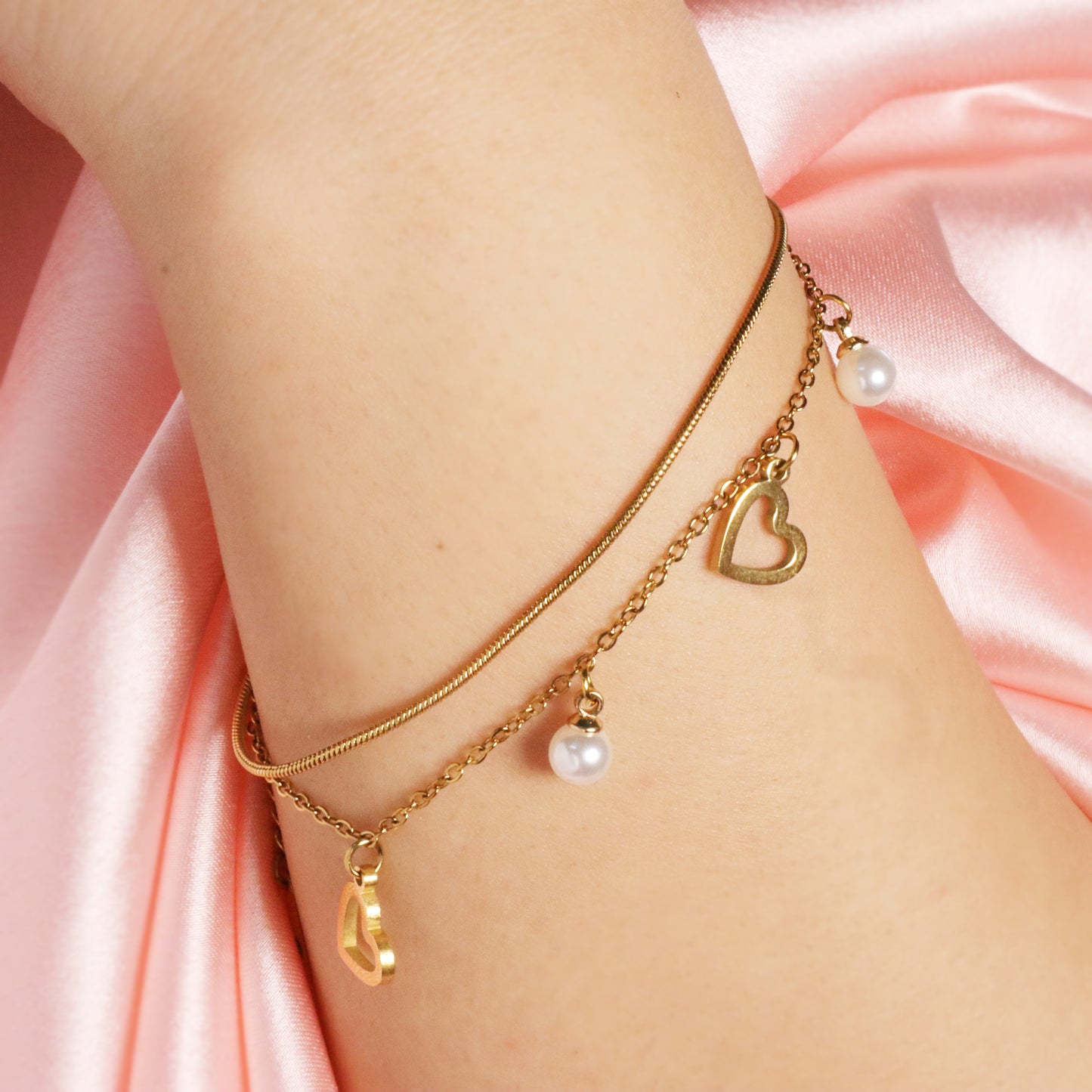 Heart Pearl Bracelet Chain-Seller- 18K Gold Plated Anti-Tarnish Minimalistic Demifine Jewelry by Chrystic Jewels