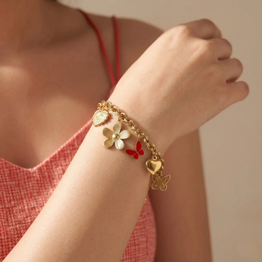 Multi-Charm Bracelet Chain with Flower & Sun Eye