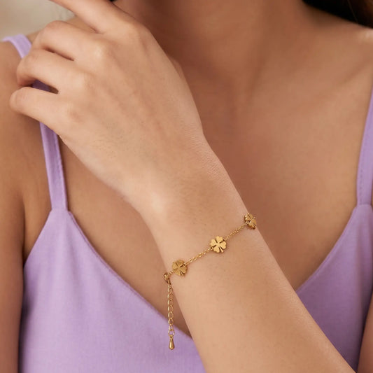 Four Golden Leaf Clover Bracelet Chain