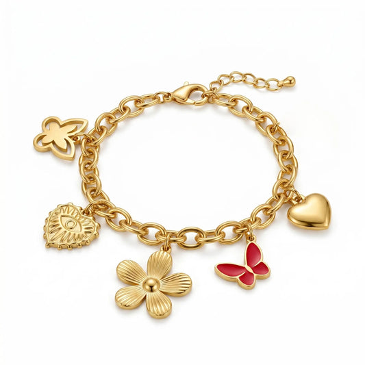 Multi-Charm Bracelet Chain with Flower & Sun Eye