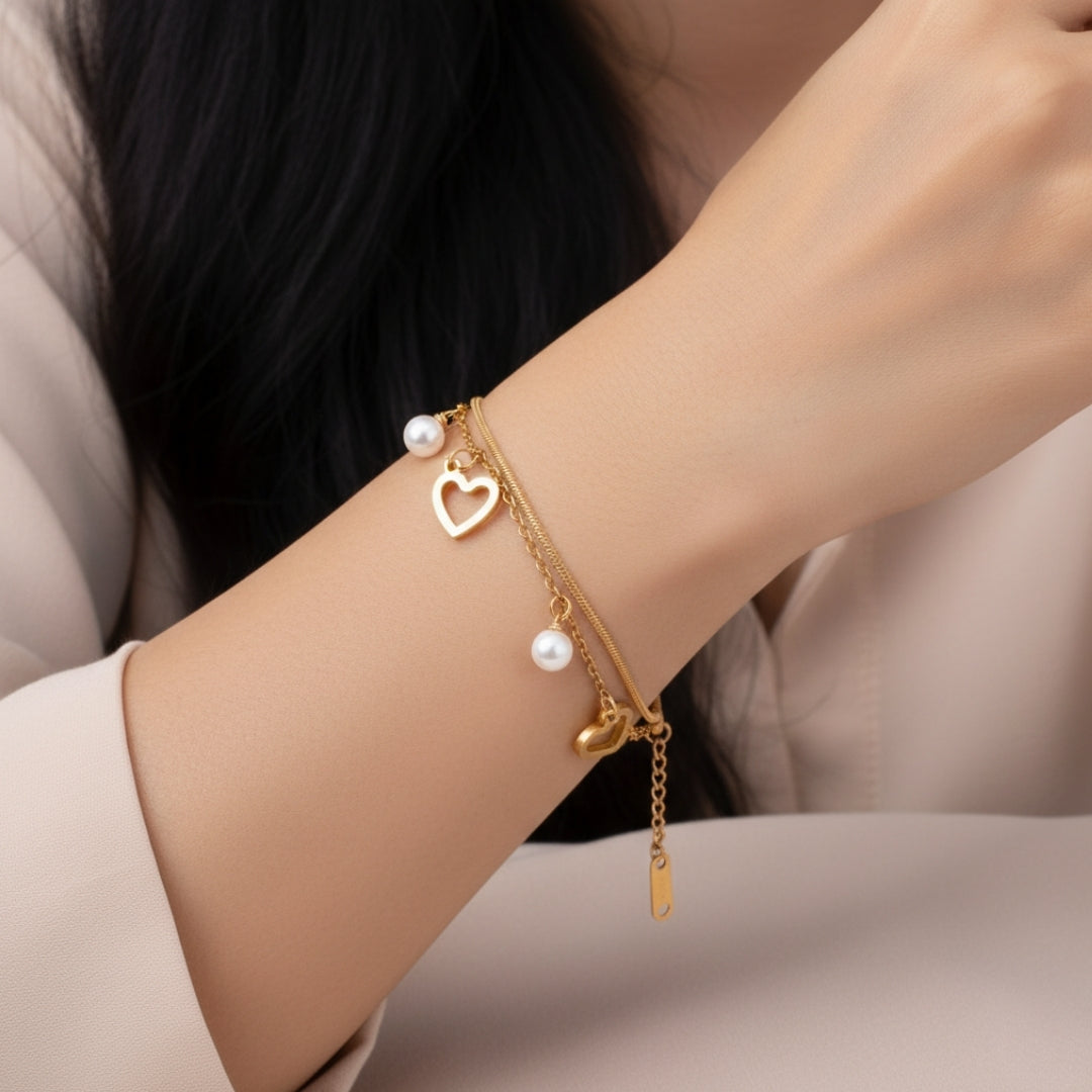 Heart Pearl Bracelet Chain-Seller- 18K Gold Plated Anti-Tarnish Minimalistic Demifine Jewelry by Chrystic Jewels