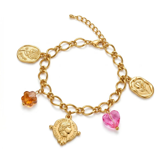 Coin & Rose Charm Bracelet Chain