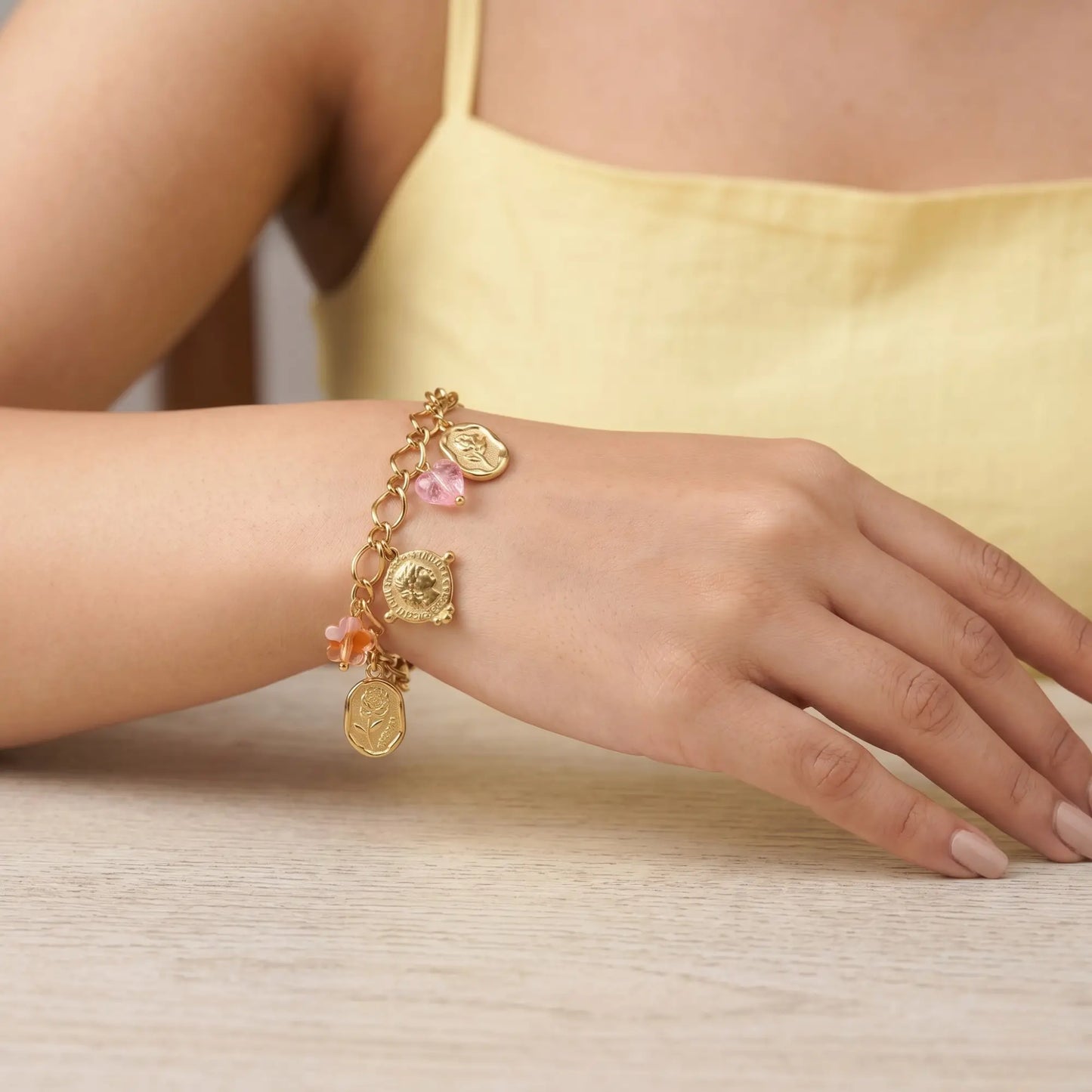 Coin & Rose Charm Bracelet Chain
