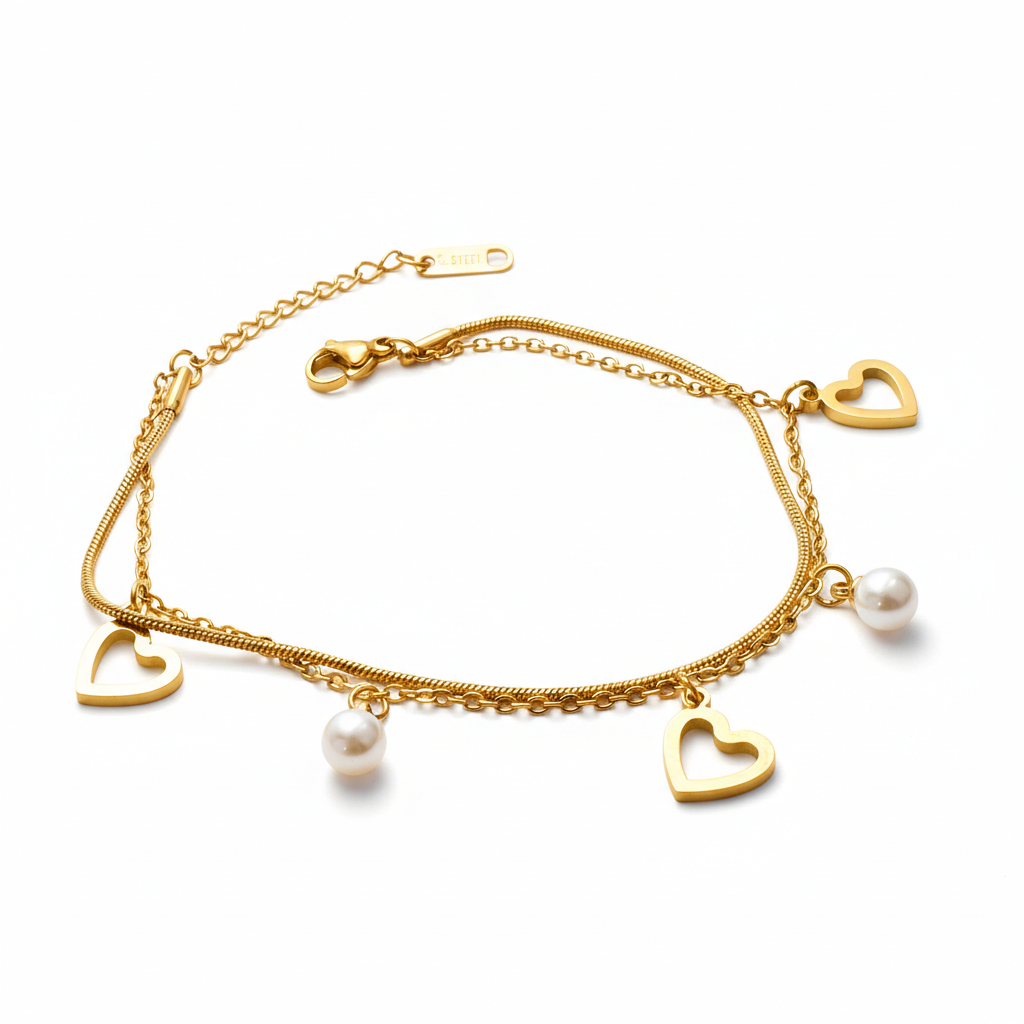 Heart Pearl Bracelet Chain-Seller- 18K Gold Plated Anti-Tarnish Minimalistic Demifine Jewelry by Chrystic Jewels