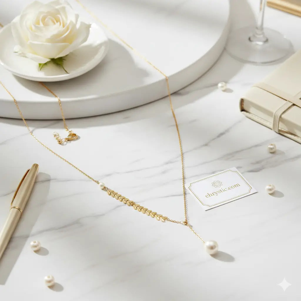 Leaf Pearl Necklace Chain-Seller- 18K Gold Plated Anti-Tarnish Minimalistic Demifine Jewelry by Chrystic Jewels
