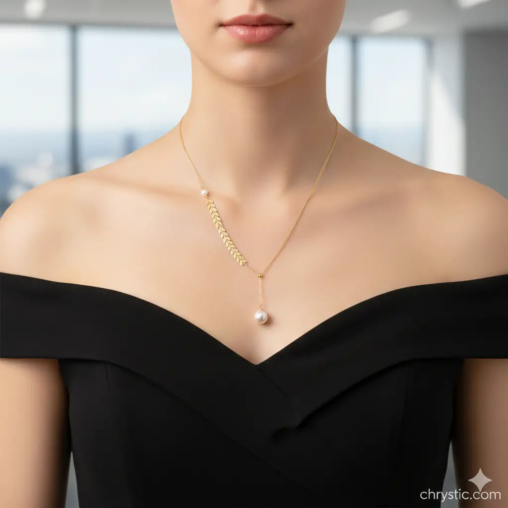 Leaf Pearl Necklace Chain-Seller- 18K Gold Plated Anti-Tarnish Minimalistic Demifine Jewelry by Chrystic Jewels