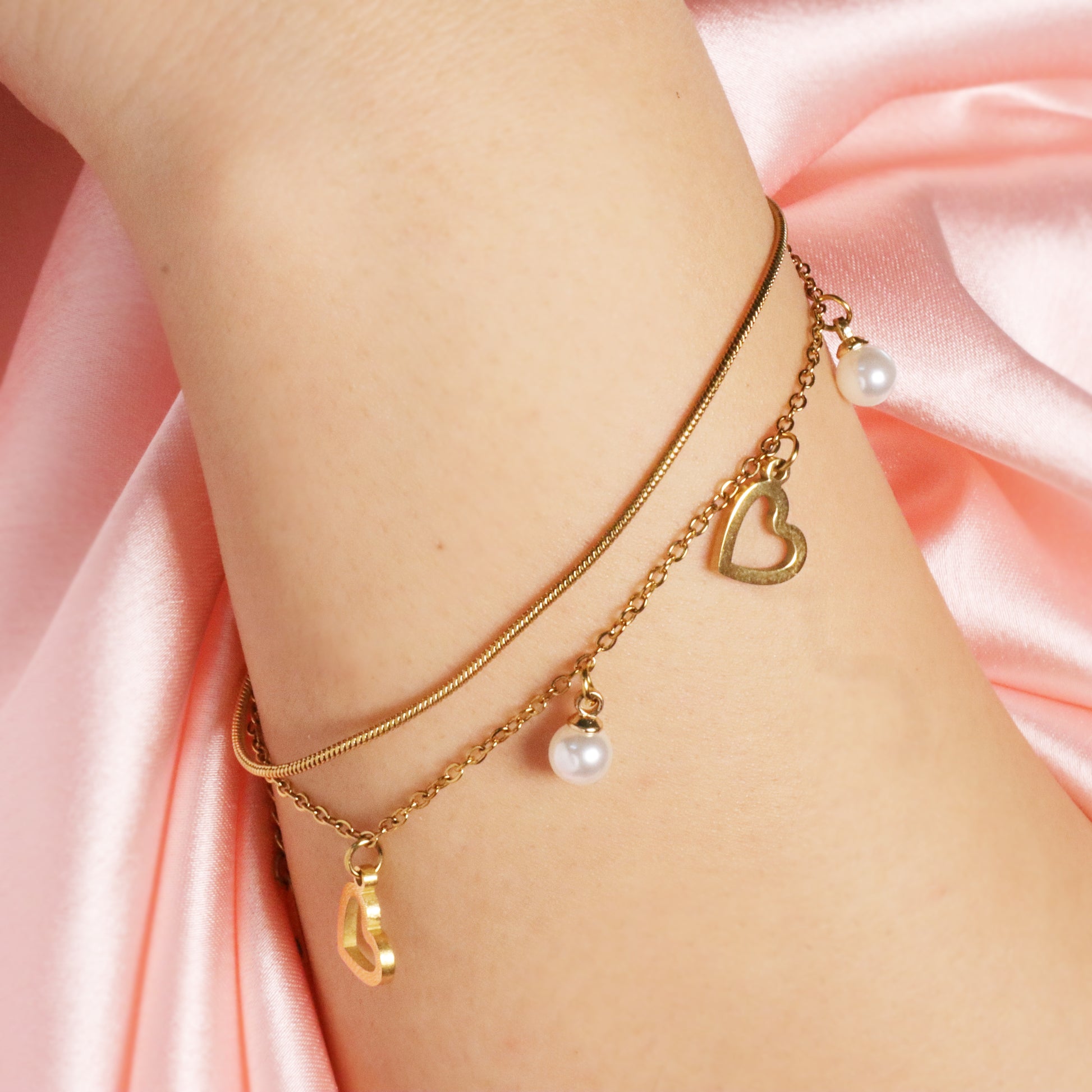 Heart Pearl Bracelet Chain-Seller- 18K Gold Plated Anti-Tarnish Minimalistic Demifine Jewelry by Chrystic Jewels