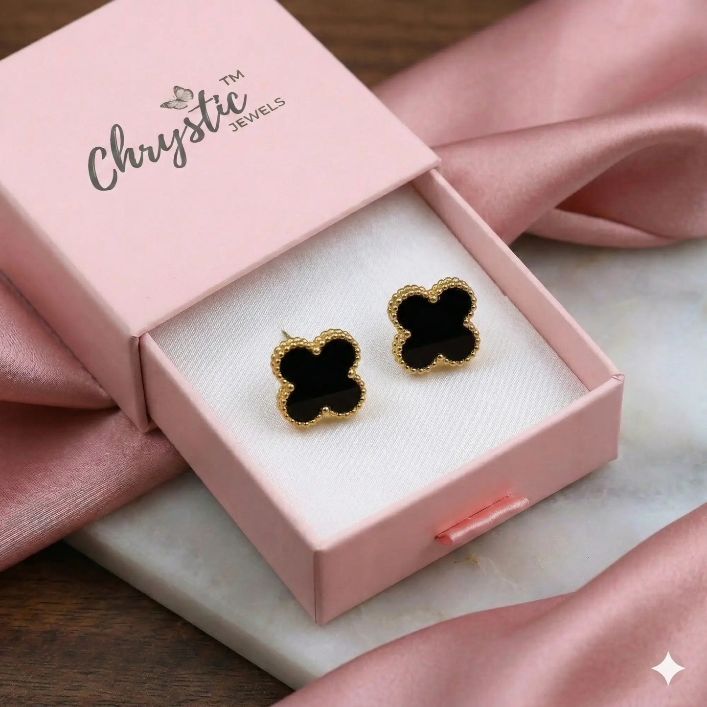 Onyx-Style Black Clover Studs Earrings