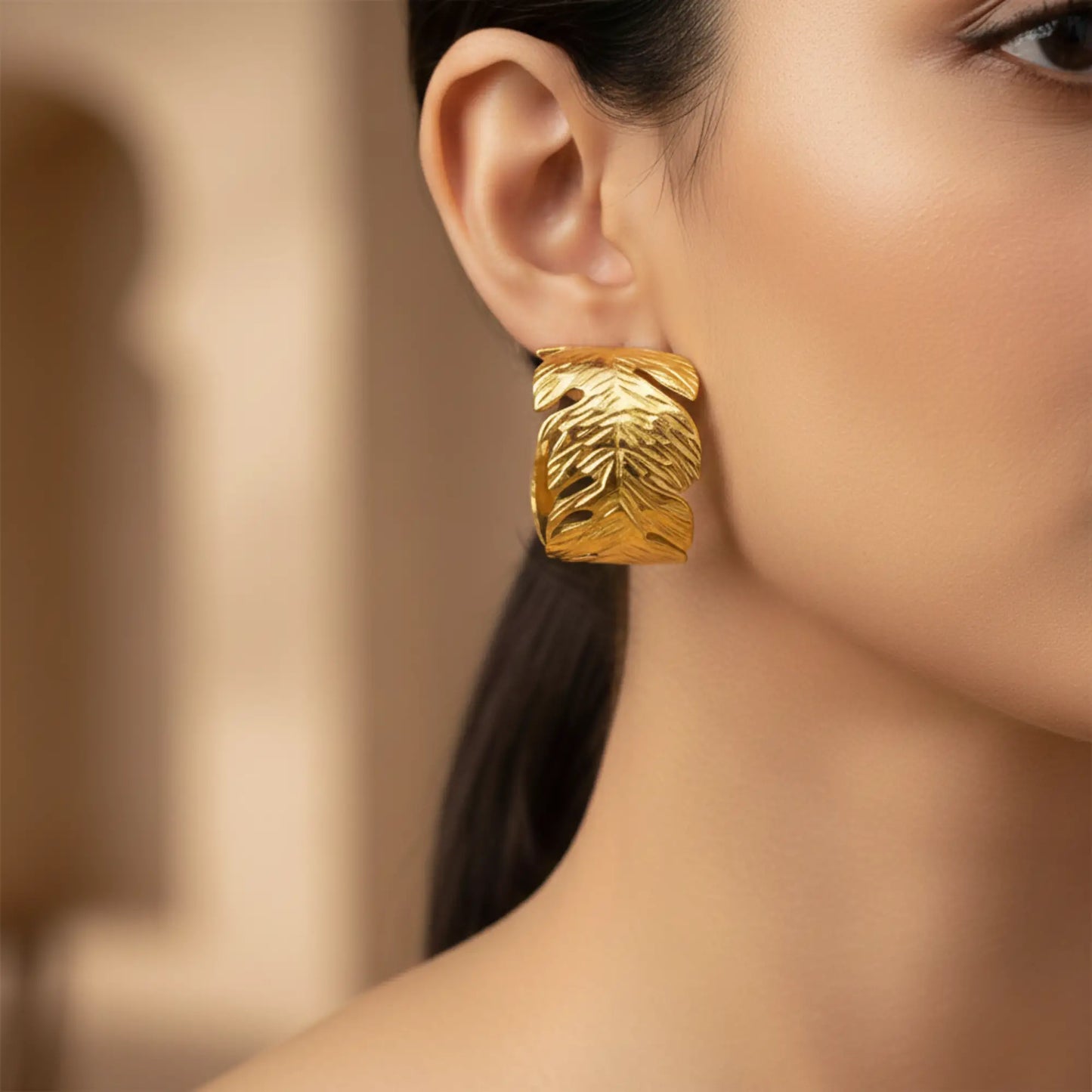 The Golden Fern Hoop Statement Earrings-Seller- 18K Gold Plated Anti-Tarnish Minimalistic Demifine Jewelry by Chrystic Jewels