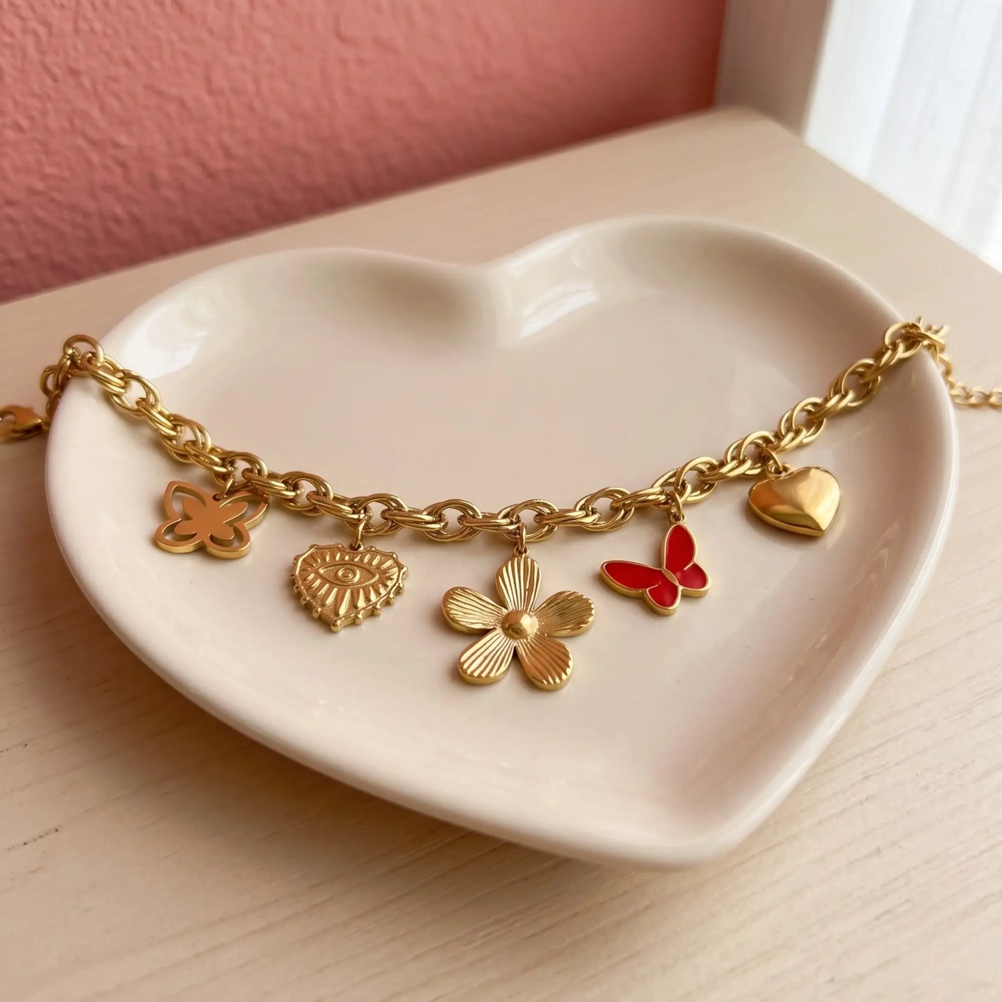Multi-Charm Bracelet Chain with Flower & Sun Eye
